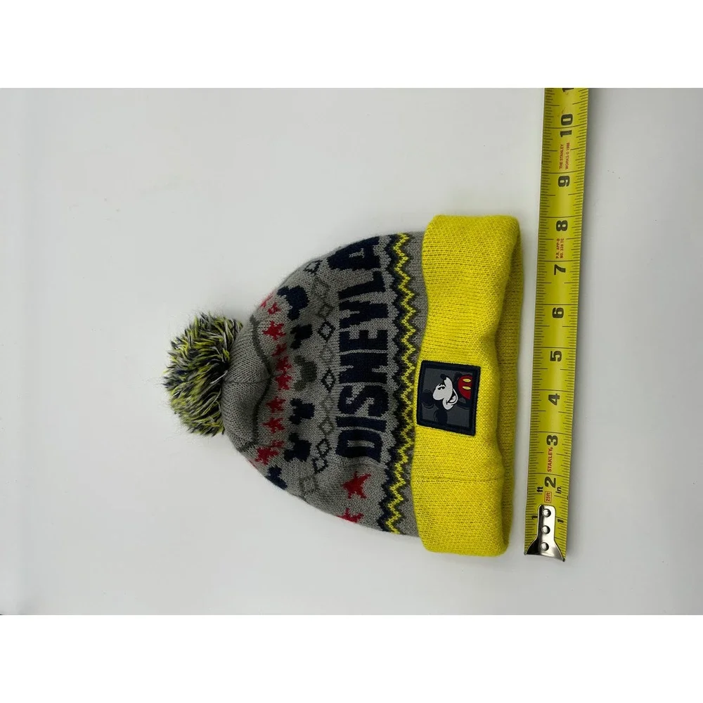 Disney Parks Disneyland Mickey Mouse Fair Isle Knit Pom Beanie Hat Yellow Gray